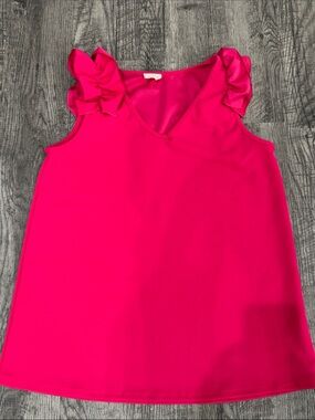 BiBi Hot Pink Ruffle Shoulder Sleeveless Blouse